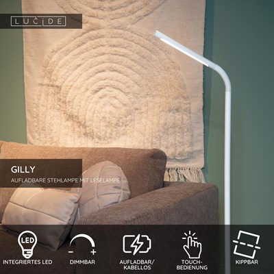 Lucide GILLY - wiederaufladbare Stehlampe Mit Leselampe - Akku/Batterie - LED Dim. - 1x6W 2700K - Weiß